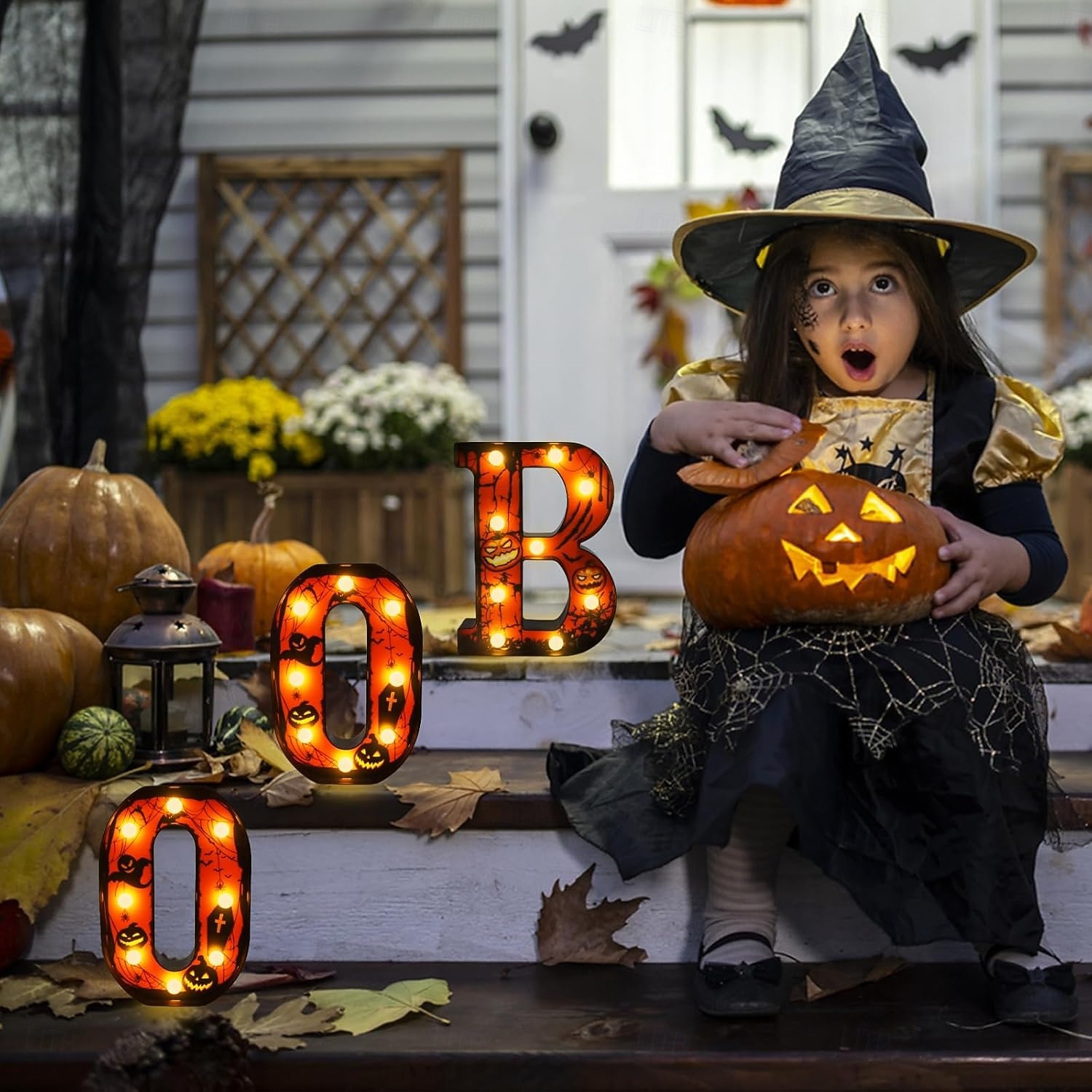 Halloween-dekorasjoner innendørs - 3 LED-telt med lysende bokstaver, svart boo-skilt, halloween-bokstavlys til hjemmet, innendørs kjøkken, peis, festbord, dekorutstyr 2025 - $21.97 –P12