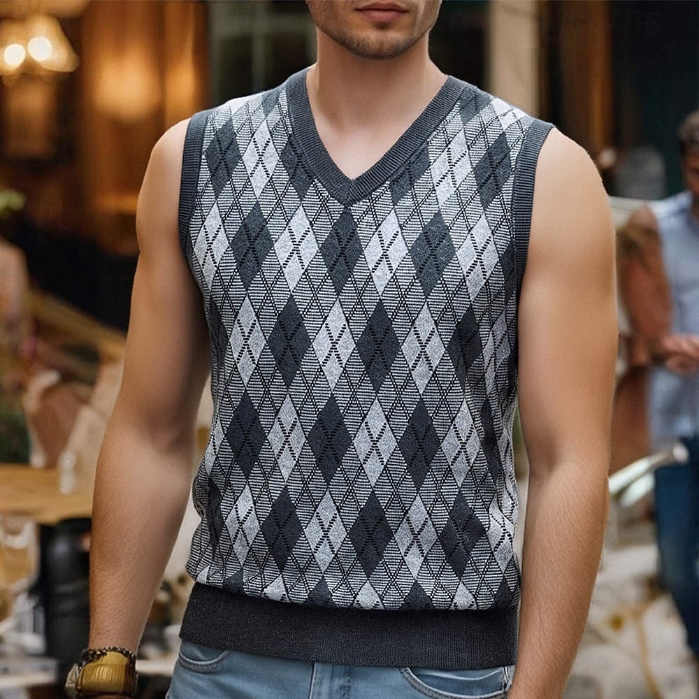 Муж. Свитер жилет Платье-свитер Пуловер Свитер Жилет Вязаный свитер Рельефный узор Вязать Обычные топы Трикотаж Вязка с узором "ромбиками" V-образный вырез Мода На каждый день Отпуск На каждый день 2026 - $42.99 –P1
