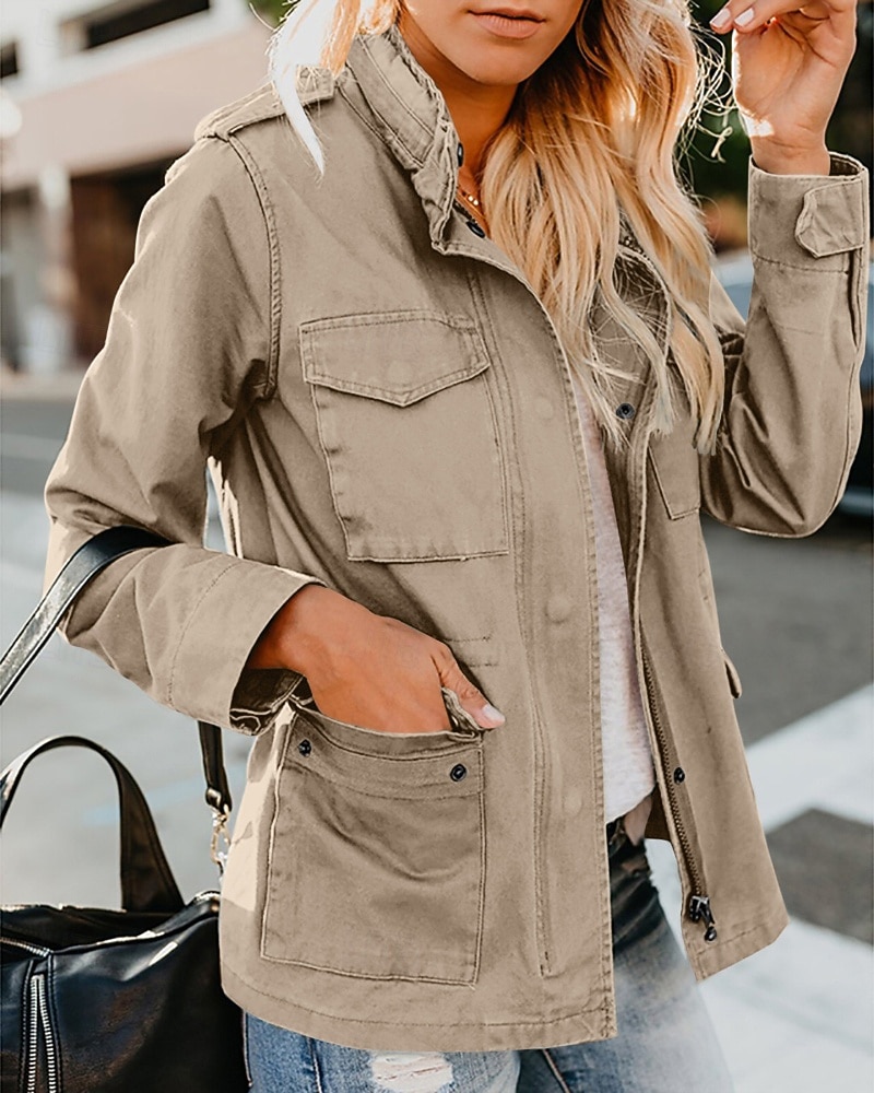 Women's Hoodie Jacket Warm Comfortable Zipper Pocket Casual Plain Vacation Daily Zipper Regular Turndown Regular Fit Long Sleeve Outerwear Black Khaki Army Green Fall Winter 2025 - $48.99 –P4