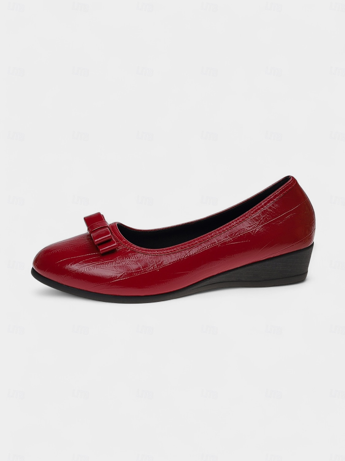 Röda dambalettskor i lackat konstläder med rosettdetalj, rund tå och slip-on-modell, bekväma vardagsskor för höstens vardagskläder och kontorskläder 2025 - $19.99 –P6