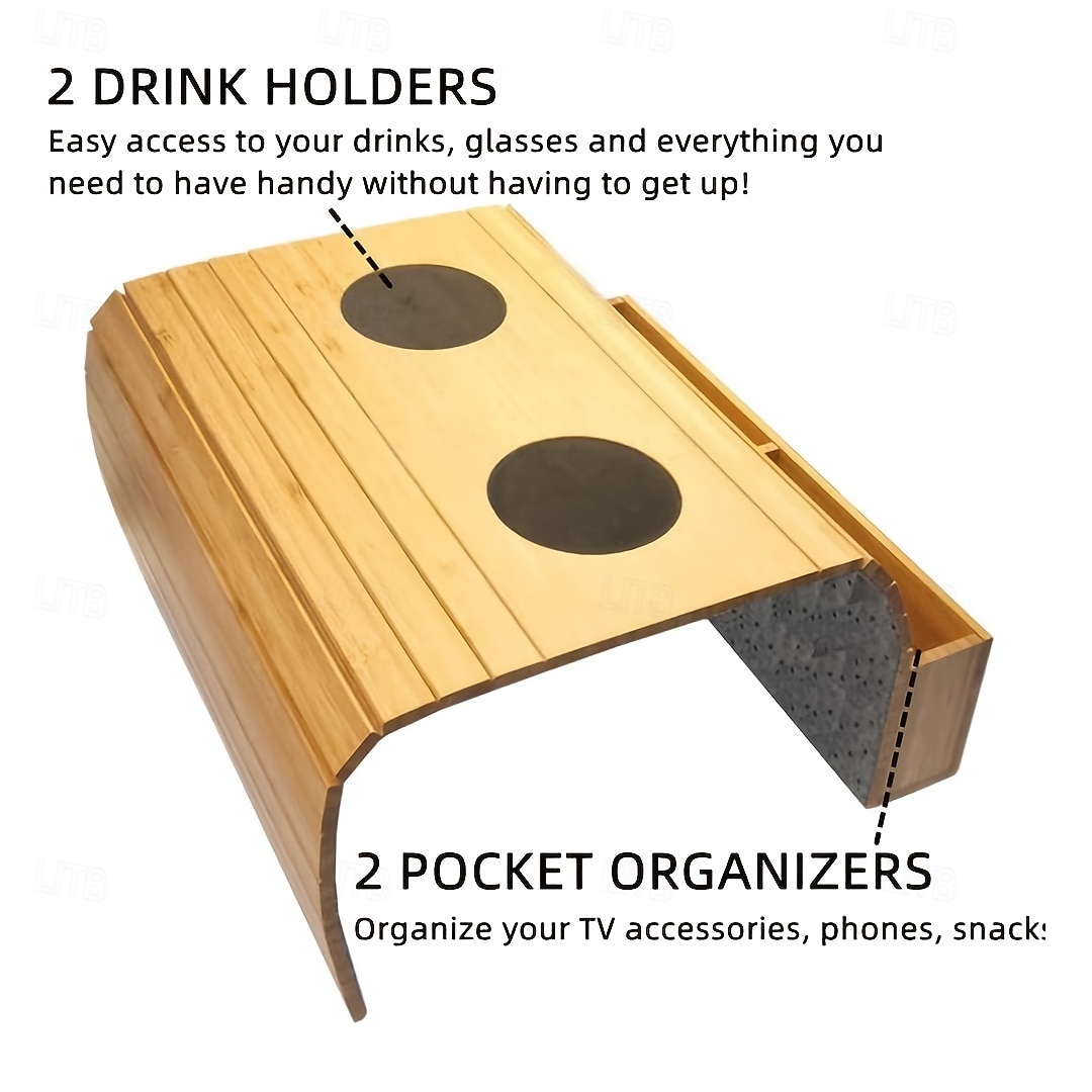 Składany stolik podłokietnikowy do sofy z bambusa w stylu vintage z uchwytem na kubek – nie wymaga montażu, należy myć ręcznie, naturalne drewno &wykończenie w kolorze czarnym, drewno liściaste 2026 - $43.99 –P5