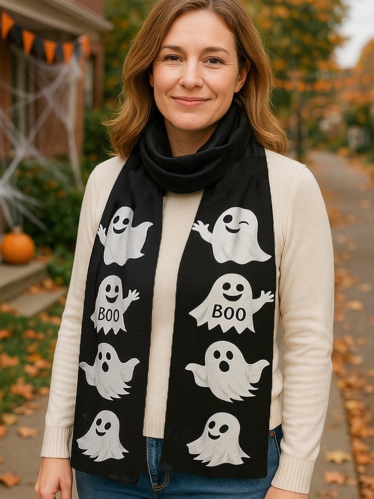 Eșarfă imprimată de Halloween pentru femei – șal lung și confortabil cu modele de fantome, jack-o'-lantern și vrăjitoare, accesoriu moale și ușor de toamnă pentru petreceri costumate, Halloween, festivaluri și purtare zilnică 2025 - $14.99 –P2