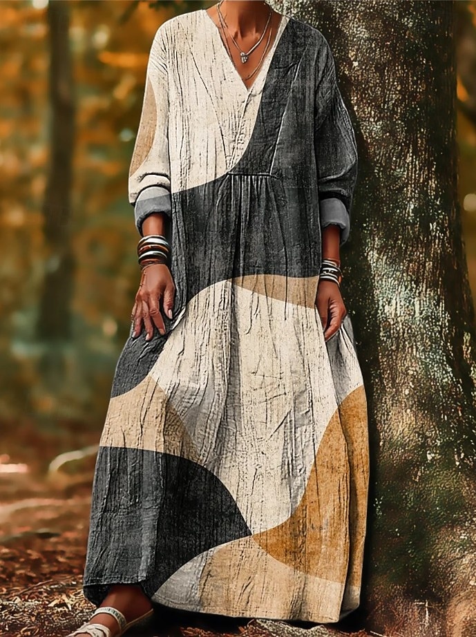 Damen Maxikleid Sommerkleid A Linie Kleid Urlaub Lässig Boho Party Ferien Strand Lässiger Schnitt Grafik Geometrisch Abstrakt Langarm V Ausschnitt Dunkelbraun Dunkelrot Rote Leicht Braun Frühling 2025 - $35.99 –P1
