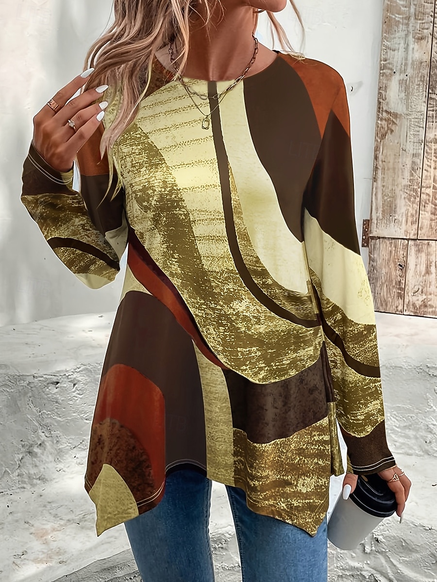 Жен. Футболка С принтом Асимметричный вырез Графика Геометрический принт Винтаж Стиль На каждый день Длинный рукав Вырез под горло Обычные топы Повседневные Красный Лиловый Коричневый Зеленый Хаки 2026 - $24.99 –P5