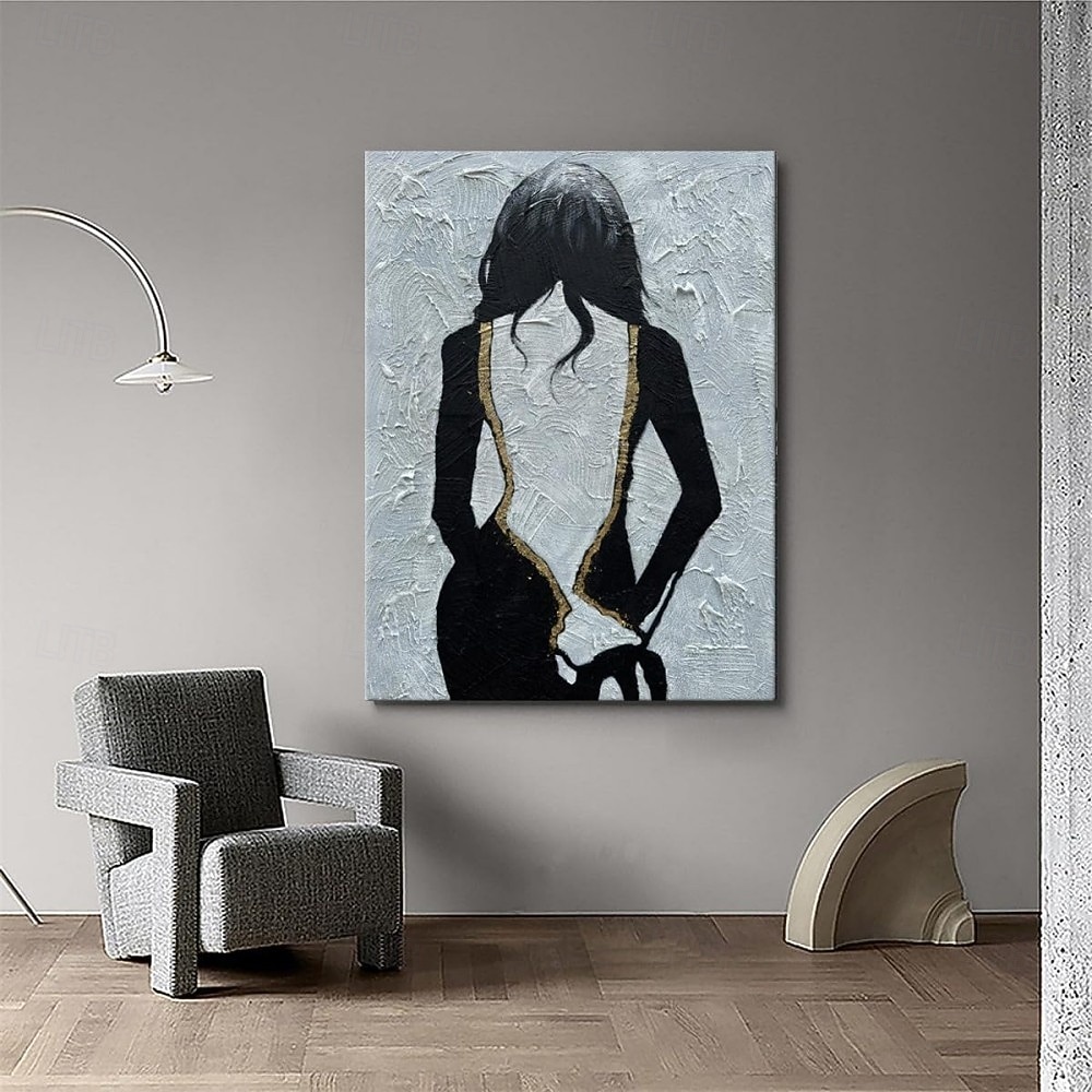 handgemachtes hellblaues Mädchen zurück dicke Leinwand Kunstwerk schwarz und weiß Frauen Gesicht Textur abstrakte Ölgemälde einfache Linien Dekoration Kunst für Wohnkultur 2025 - $41.99 –P5