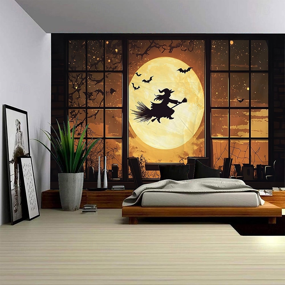 Halloween Witch Window Tapestry, Spooky Full Moon and Flying Witch Silhouette Wall Hanging, Polyester Fabric Haunted House Decor for Living Room, Bedroom, Dorm, or Party, Wrinkle-Free, Easy to Hang, Gothic Room Aesthetic Decoration 2025 - $12.49 –P3