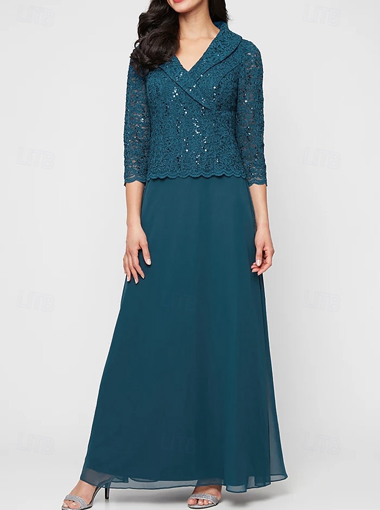 áčkové šaty pro matku nevěsty s portrétním límcem, elegantní jednoduché, minimalistické, s výstřihem do V, délka na zem, šifon, flitrovaná krajka, 3/4 rukávy s vroubkovaným lemem, 2025 2025 - $144.99 –P6
