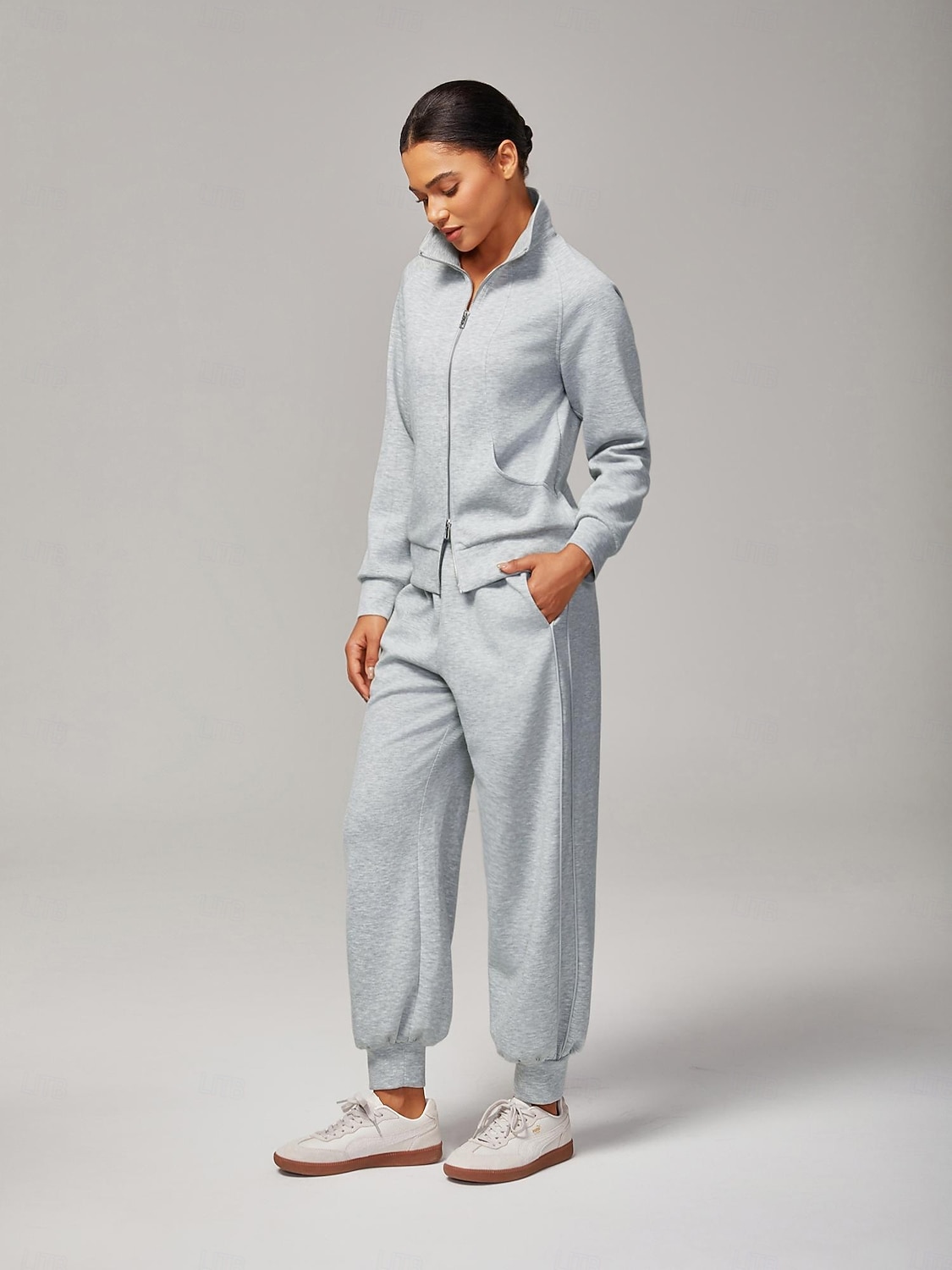 Jachetă tricotată elastică gri melanj pentru femei, guler înalt, buzunare duble cu fermoar, elegantă, confortabilă, din bumbac, casual, pentru lucru zilnic, versatilă, toamnă 2025 - $72.99 –P3