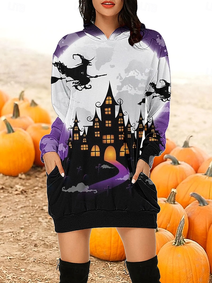 Robe Sweat à Capuche Femme Halloween Imprimé Citrouille Mini Robe Robe Tunique Décontractée Vacances Week-end Coupe Lâche Graphique Citrouille Manches Longues Capuche Noir Violet Orange Gris Automne de 2025 ? $27.99 –P4