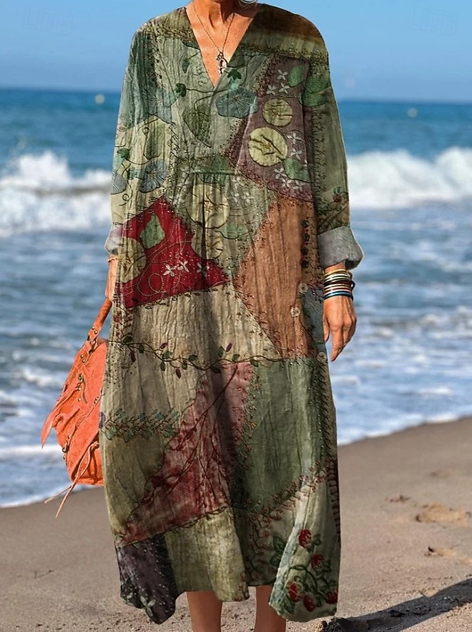 Femmes Robe maxi Robe d'Été Robe trapèze Vacances Occasionnel Boho Soirée Fête Plage Coupe Ample Fleuri Graphique Géométrique manche longue Col en V Jaune Rouge Fuchsia Orange Été Printemps Automne de 2025 ? $35.99 –P4
