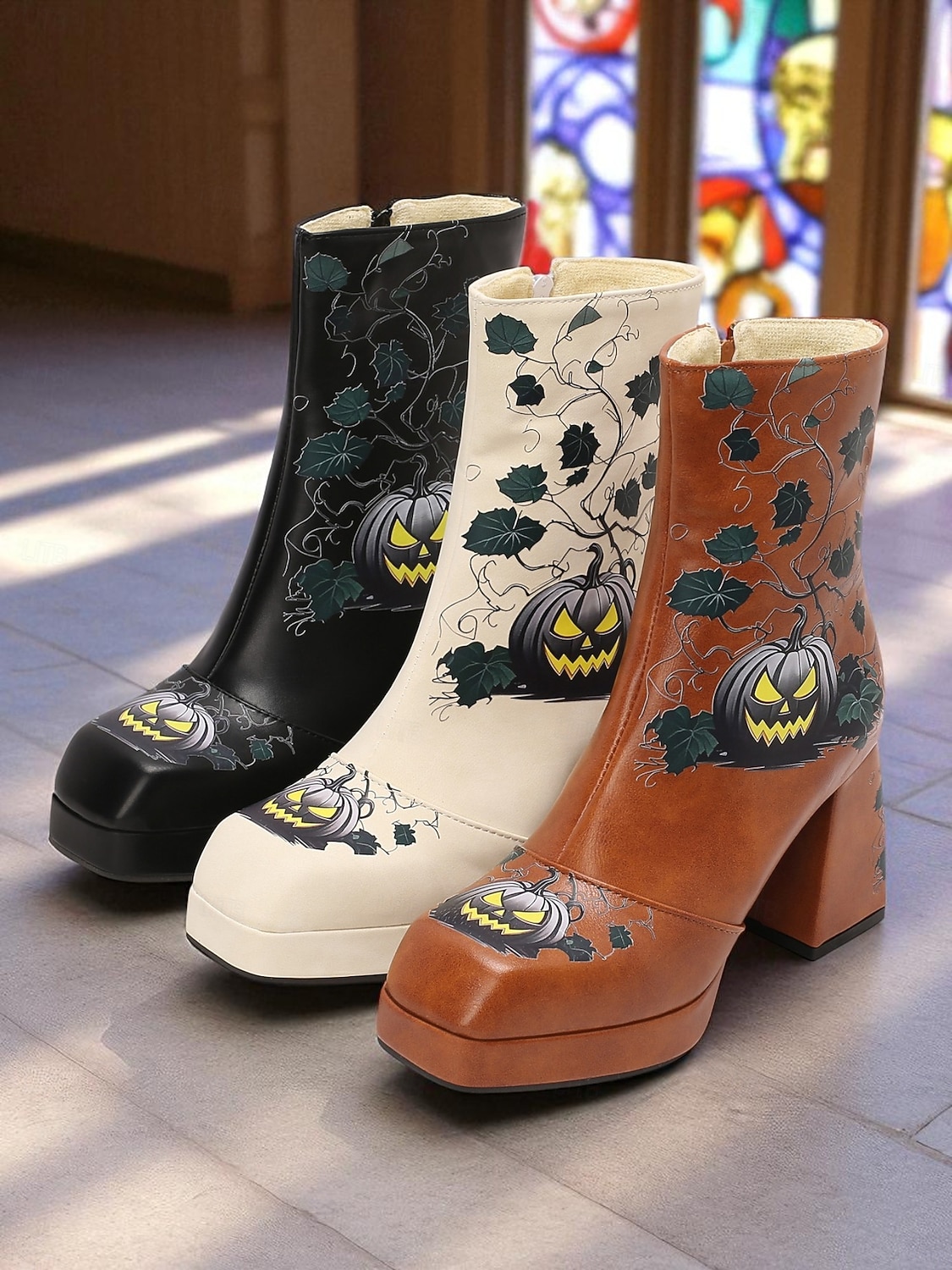 Dámské kotníkové boty na platformě na halloween – černá umělá kůže s potiskem dýně, úzké podpatky a boční zip, strašidelný gotický styl pro kostýmní večírky, tematické akce a koledování. 2025 - $64.99 –P1