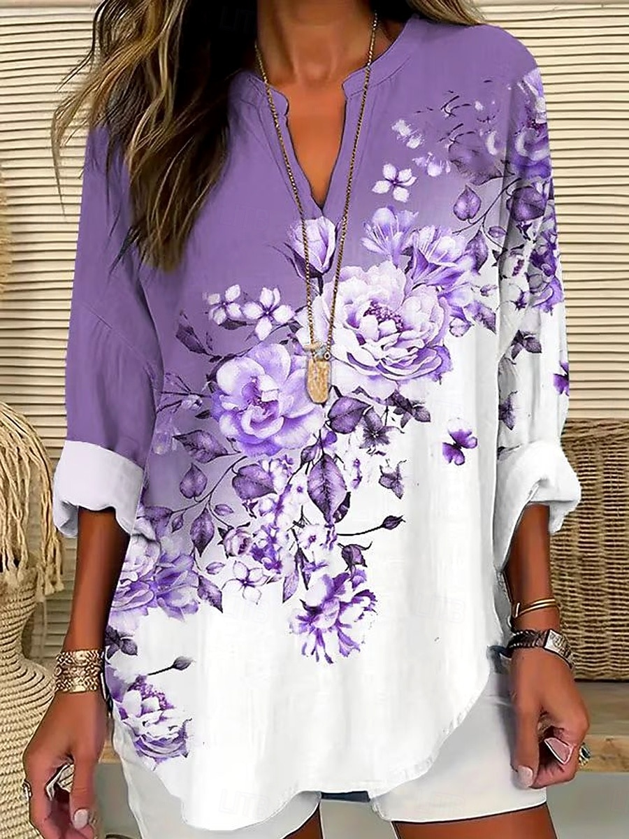 Blusa de Mujer Similar al Lino Transpirable Ligera Floral Gráfico Vintage Diaria Estilosa Manga Larga Cuello en V Cuello Cortado Tops Regulares Ropa Diaria Estampado Púrpura Claro Violeta Primavera 2026 - $32.99 –P4