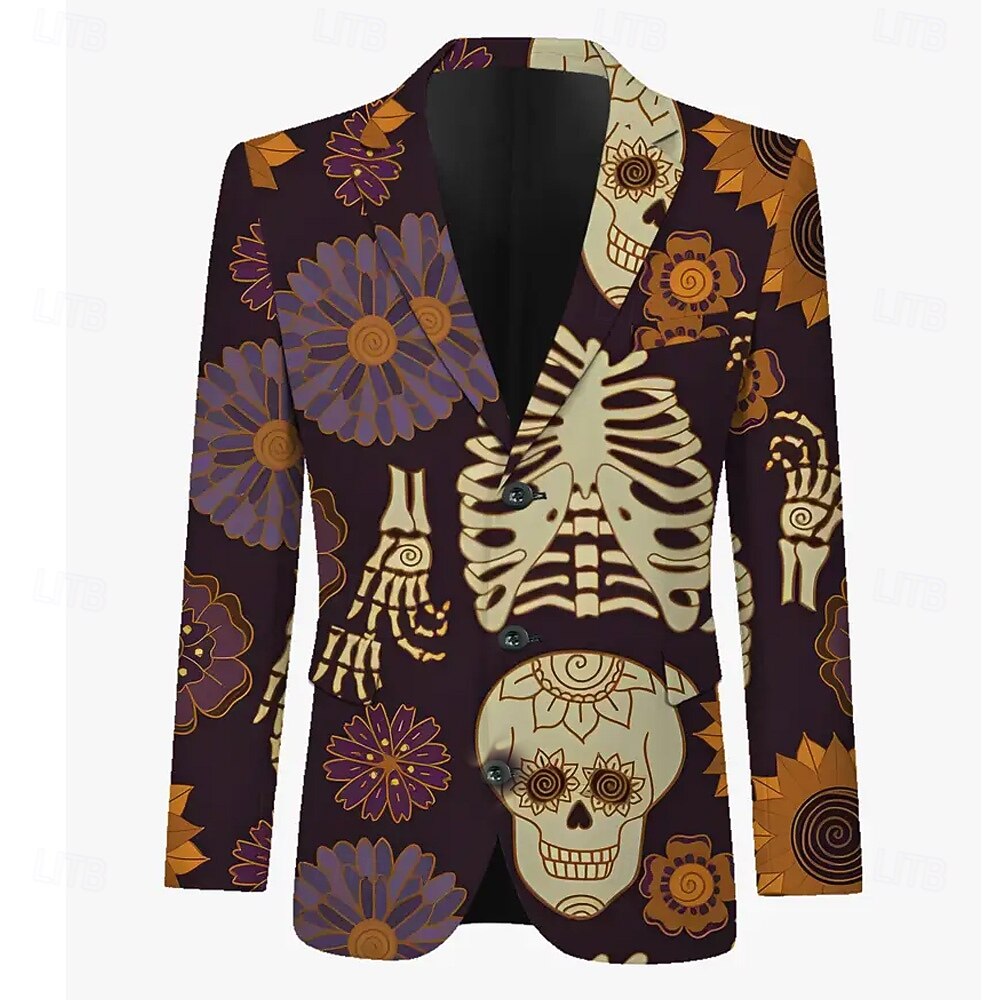 Halloween Herr Kappa Kavaj Utomhus Gata Festival Ledigt vardag Modern Höst Höst vinter 100% Polyester Häftig dödskalle Skelett 3D-utskrift Knappar Håller värmen Bekväm Enkelknäppt Blazer Brun 2025 - $62.99 –P3