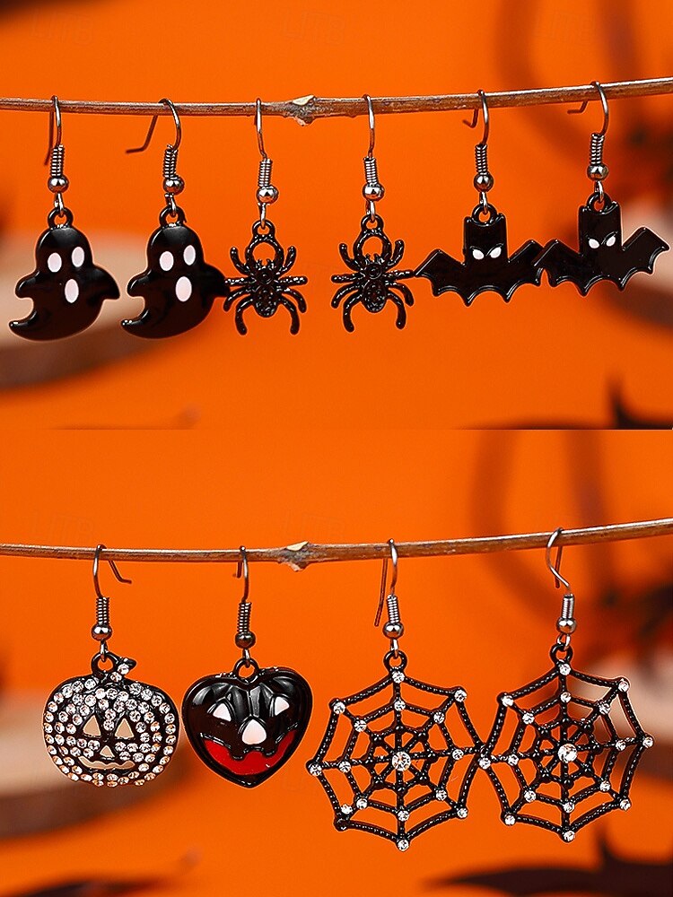Sada dámských visících náušnic na Halloween – pavučina a pavouk, lebka, netopýr a duch, lehká černá slitina s kamínky, gotický styl pro kostýmní večírky, cosplay a večerní zábavu 2025 - $7.99 –P11