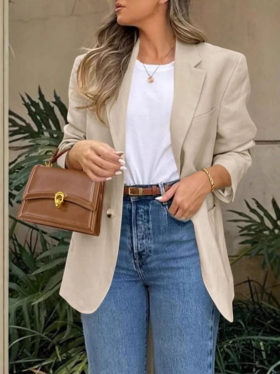 Women's Blazer Comfortable Breathable Pocket Fashion OL Style Plain Outdoor Casual Daily Single Breasted Regular Lapel Regular Fit Long Sleeve Outerwear Black White Khaki Spring Fall 2026 - $32.99 –P1