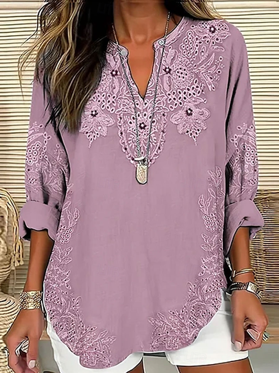 Damen Bluse Blumen Grafik Elegant Bohemien Vintage Langarm V Ausschnitt Normale Oberteile Täglich Ferien Strandbekleidung Gerafft Bestickt Druck Rosa Blau Frühling Herbst 2025 - $27.99 –P2