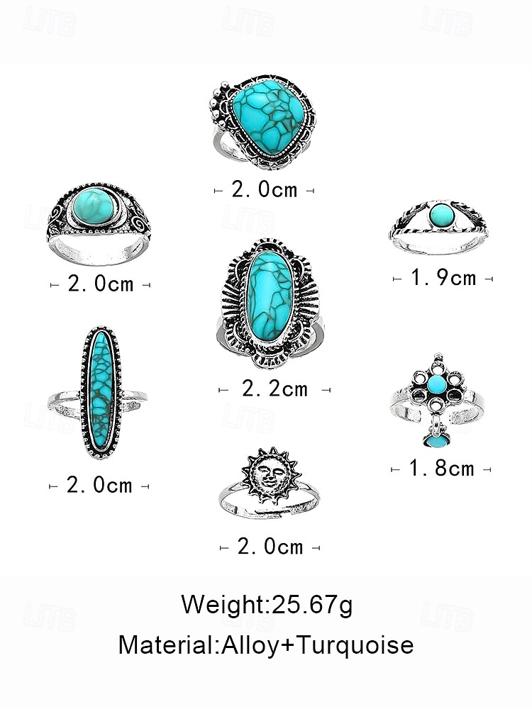 Women's Turquoise Ring Set - Multi-Piece Set of Vintage Bohemian Alloy Jewelry for Women's Holidays, Beach Vacations and Everyday Wear 2025 - $8.39 –P9