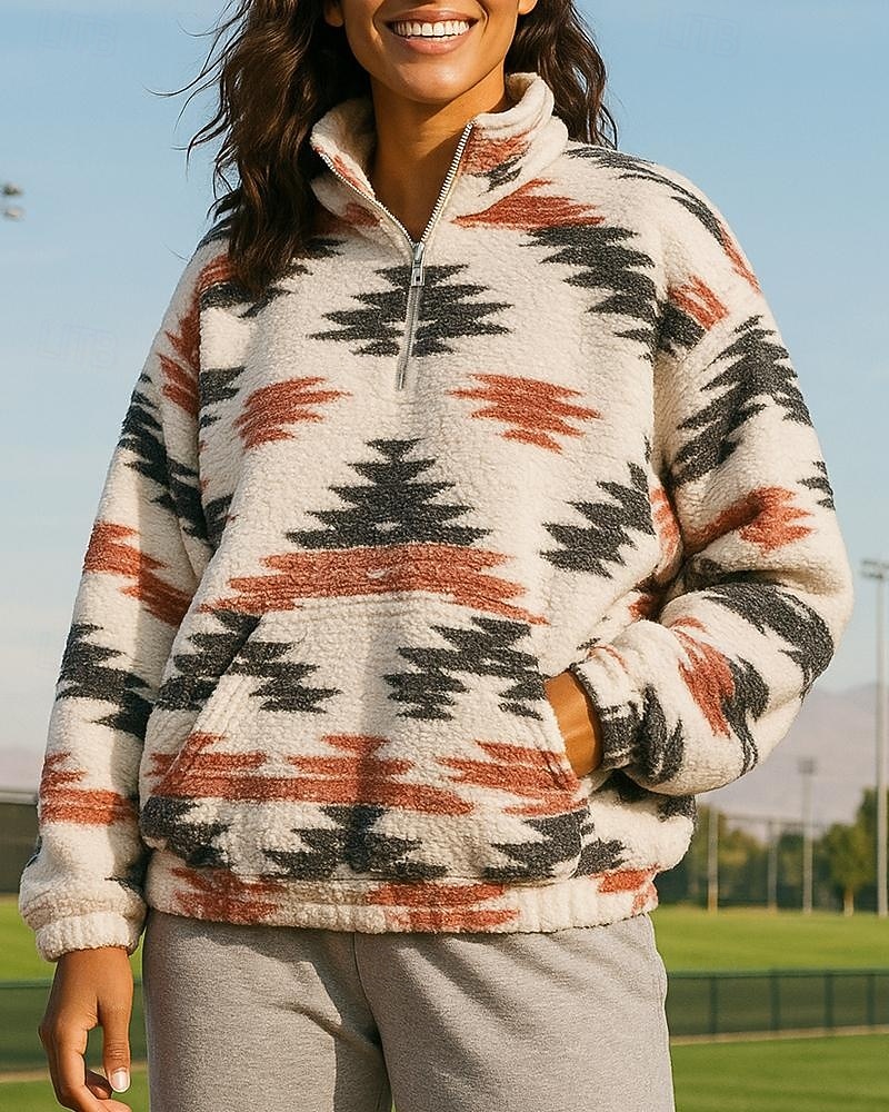 Damen Fleece-Sweatshirt Lässige Oberteile Boho Viertelreißverschluss Langarm Oberteil Athleisure Herbst Patchwork Mode Warm Outdoor Reise Sportbekleidung Sportkleidung Gelb Rot 2025 - $30.99 –P1