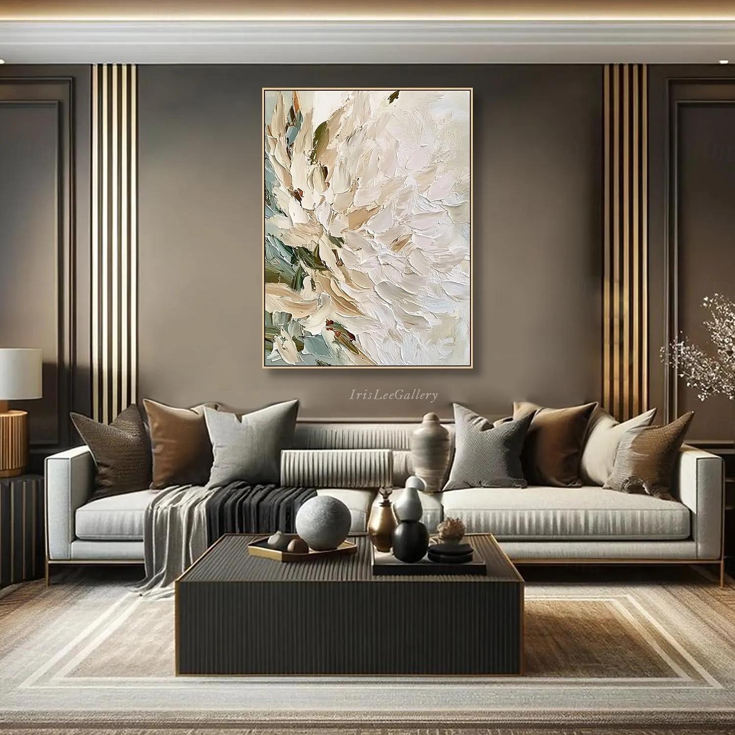 florales abstraktes Ölgemälde auf Leinwand beige weiß strukturierte Wandkunst minimalistisch weiche Palette Messer Wandkunst große moderne neutrale Wohndeko 2025 - $38.99 –P4
