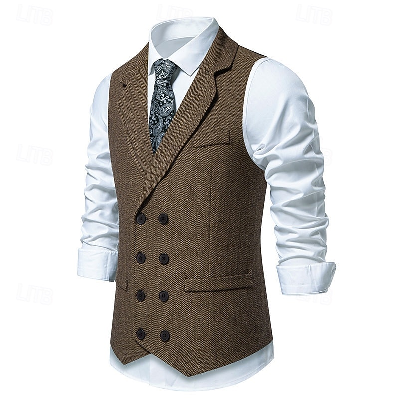 Herre سترة Veste Feriereise Daglig Bryllupsfest Stevnemøte Årgang Mote Vår Høst Lomme Knapper Polyester Tweed Bekvem عادي Fiskebein Dobbeltkneppet Hakkjakkeslag Normal Burgunder kaffe Grå Vest 2025 - $35.99 –P3