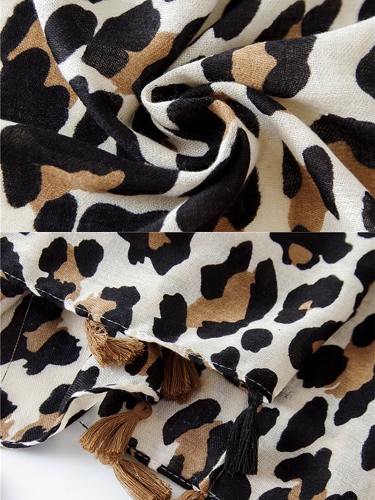 Bufanda con borlas y estampado de leopardo para mujer: chal extragrande, suave y ligero con flecos, estilo bohemio chic para otoño/invierno, atuendos casuales, oficina, viajes y regalos. 2025 - $14.99 –P8