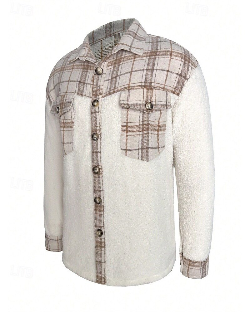 Voor heren Fleeceshirt shacket Overhemdjasje Winterjack Ruitjes Vakantie Alledaagse kleding Beige Lange mouw Revers Herfst Winter Kleding Zak 2026 - $36.99 –P6