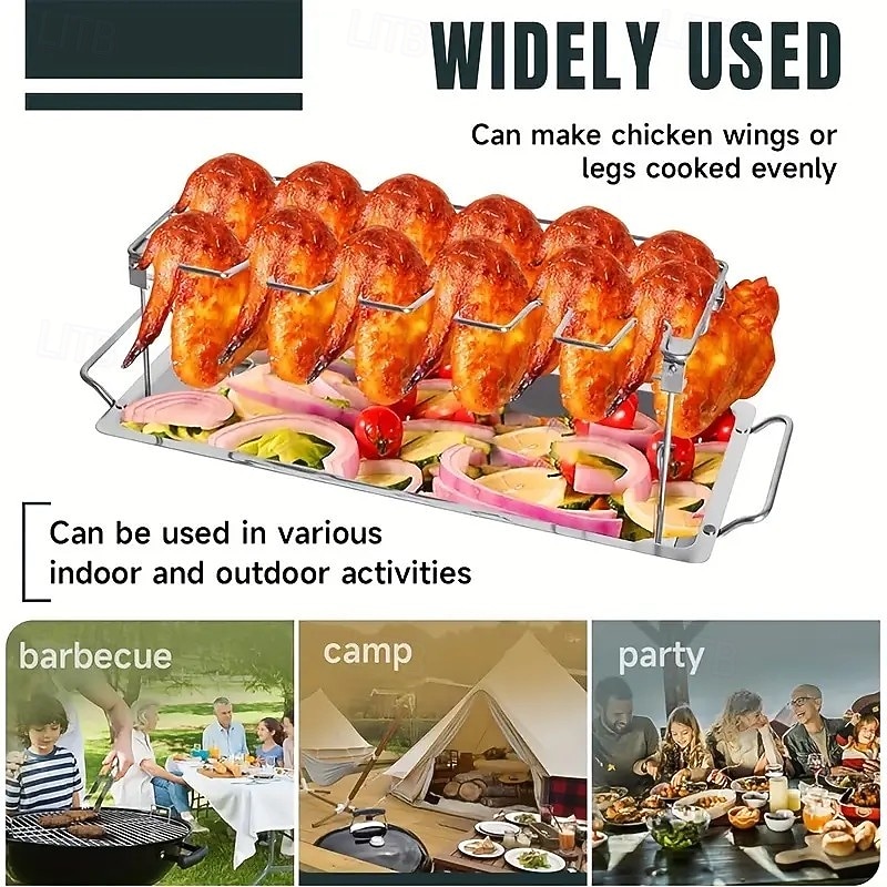 Rozsdamentes acél csirkecomb- és szárnytartó, összecsukható függőleges sütőtartó grillezéshez, füstöléshez, sütőhöz, ideális piknikezéshez és kempingezéshez, könnyen tárolható konyhai kiegészítő 2025 - $14.99 –P4