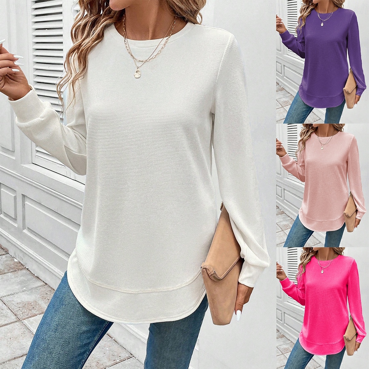 Dame Pullover عادي Elegant Fritid Langermet Crew-hals Vanlige topper Ferie Svart Hvit Rosa Mørk Rosa Lilla Vår Høst Vinter 2026 - $25.99 –P10