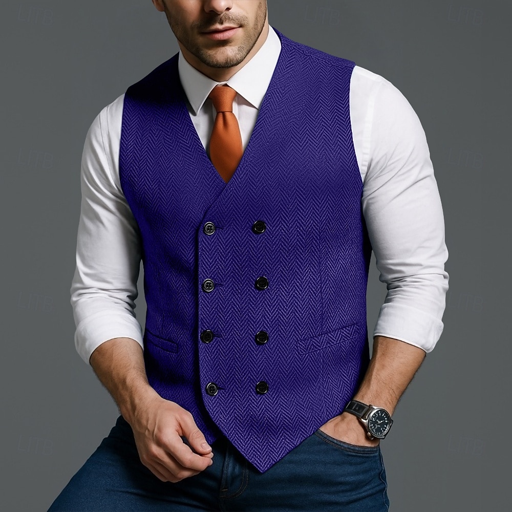 Homme Gilet Formel Vacances Quotidien Fête de mariage Mode Classique Printemps Automne Avec Poches Boutons Polyester Confortable Uni Chevrons Double Boutonnage Col en V Coupe Slim Noir Rouge bleu de 2025 ? $39.99 –P5