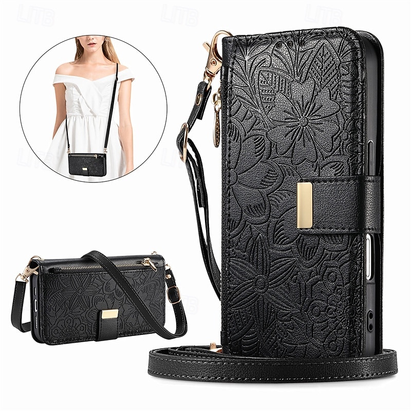 telefone Capinha Para iPhone 16 15 14 Pro Max Plus 16e 13 Pro Max Capa para Cartão Wallet Capa articulada Zíper com cordão com pulseira Árvore flor floral TPU Couro PU de 2025 por $14.99 –P1