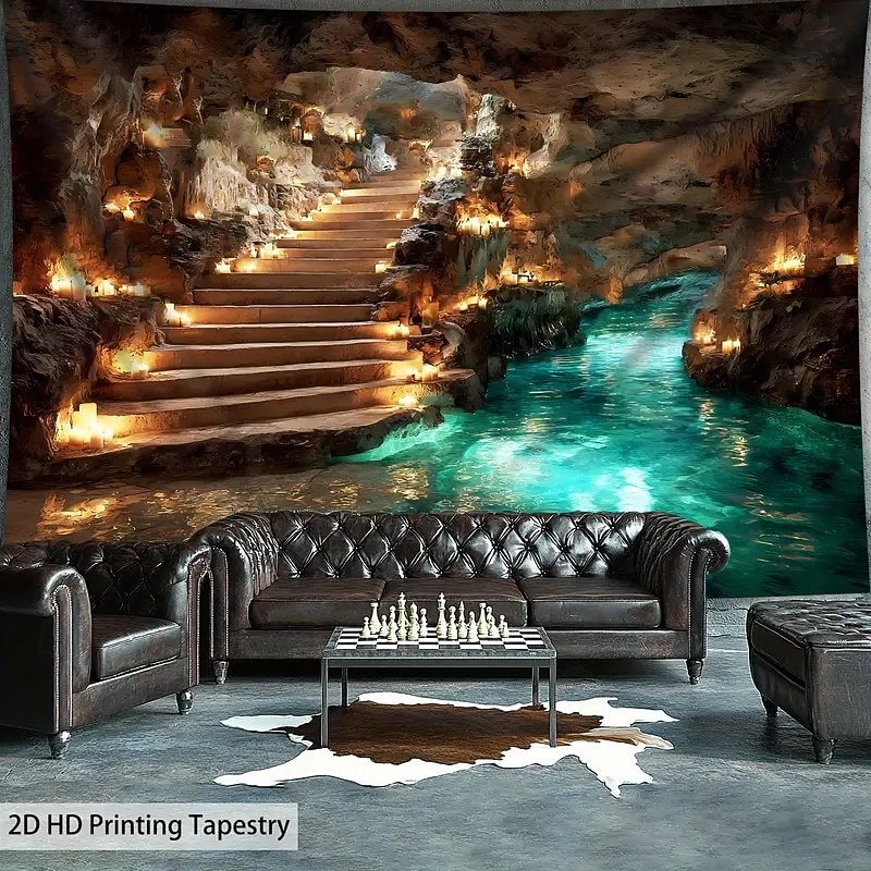 Extra großer Wandteppich zum Thema Höhlenerkundung mit HD-Untergrund-Stalaktitendecke und türkisfarbener Flusslandschaft als Wandkunst, knitterfreies Polyester-Hängedekor für Wohnzimmer, Schlafzimmer, 2026 - $16.99 –P3