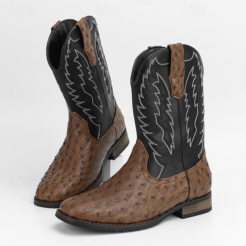 herr western cowboystövlar med fyrkantig tå slip-on halvhög vad ridstövlar avslappnade lantliga skor för dagligt bruk 2026 - $79.99 –P13