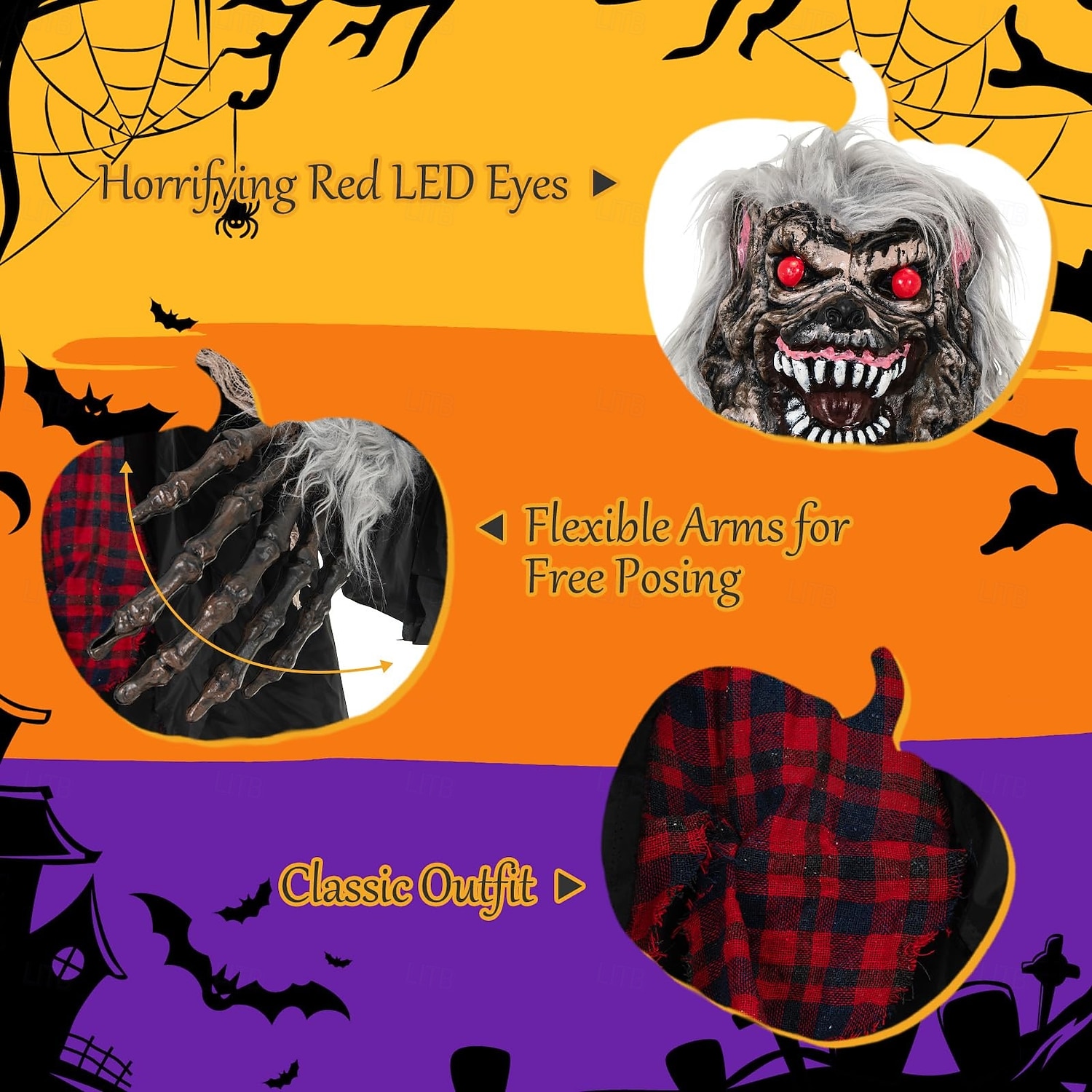 Halloweenská animatronika, zvukem aktivovaný vlkodlak se zářícíma očima a děsivými zvuky, obří animovaná venkovní halloweenská dekorace, pánský doplněk 2025 - $251.09 –P6