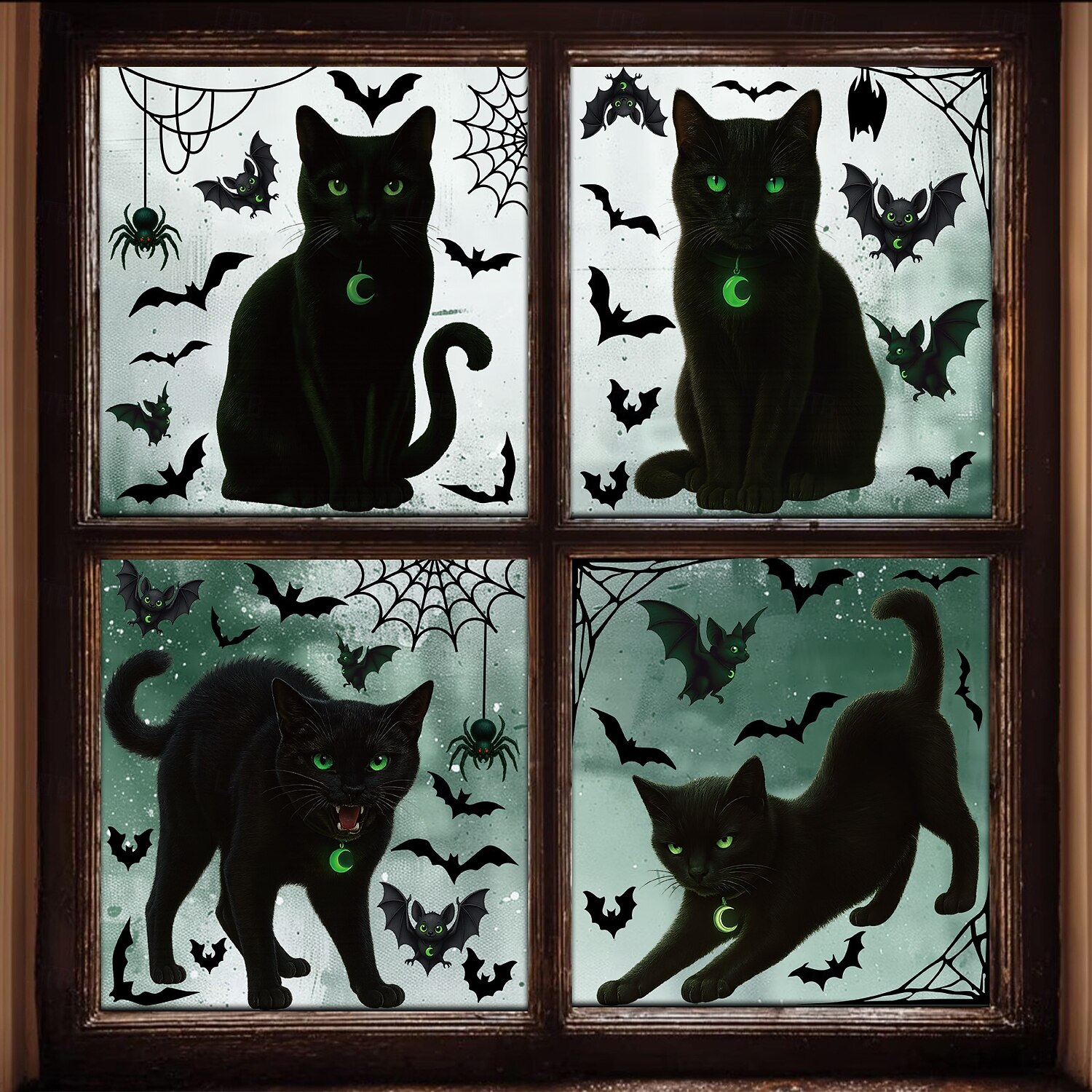 4 hojas de pegatinas de pared para Halloween, para ventanas, telarañas y murciélagos. &Gatos negros, estática, escaparate de Halloween &decoración del hogar 2025 - $9.49 –P1