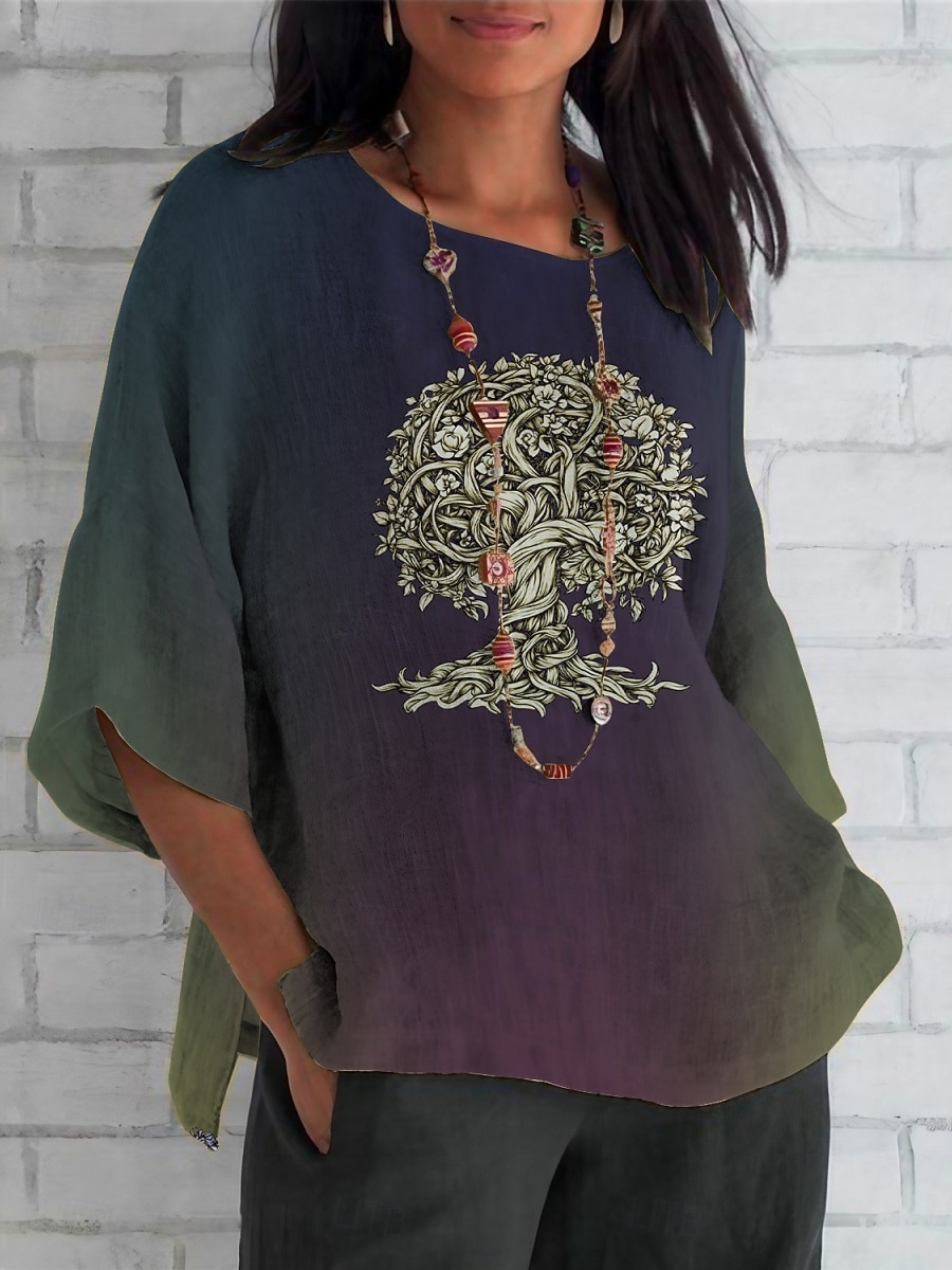Women's Shirt Tree Color Gradient Daily Casual 3/4 Length Sleeve Crew Neck Regular Tops Daily Holiday Print White Purple Green Khaki Summer Spring Fall 2025 - $26.99 –P1