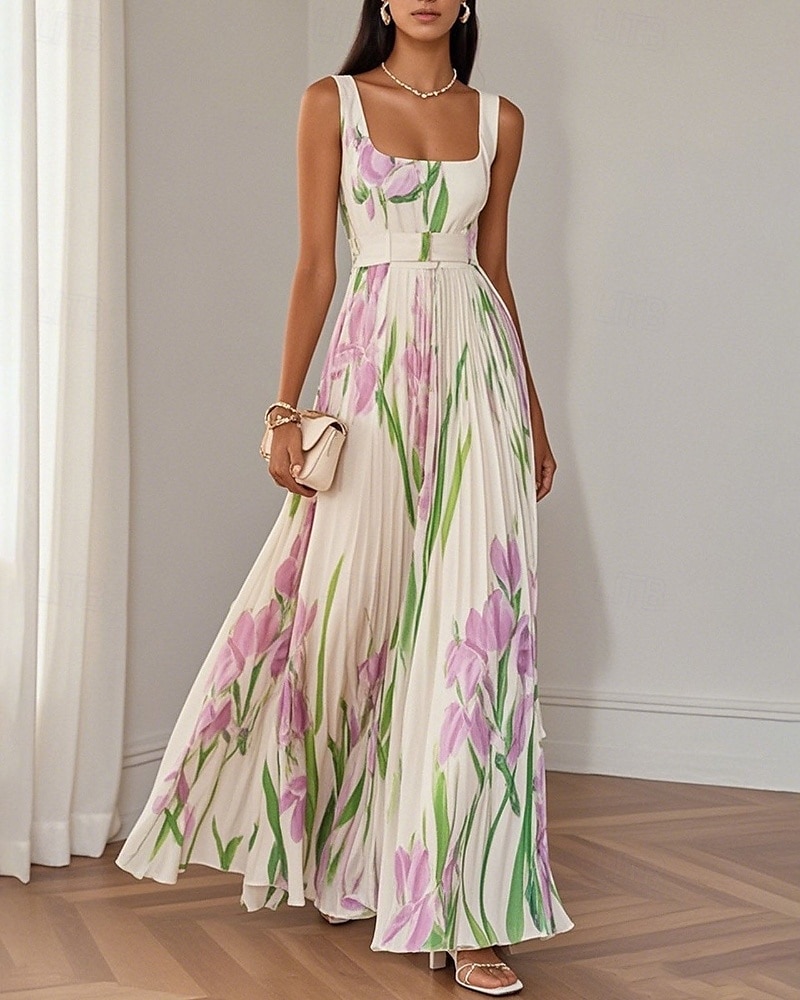 Femmes Robe Longue Maxi Robe Robe de Bal Robe de Soirée Robe Imprimée Mode Moderne Soirée Anniversaire Date Coupe régulière Fleur Sans manches Col carré Blanche Jaune Rose Claire Bleu Été de 2025 ? $27.99 –P2