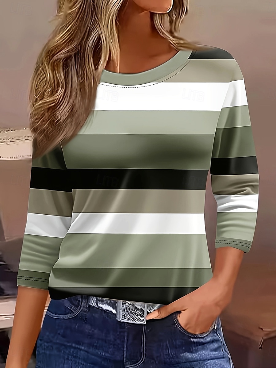 Women's T shirt Long Sleeve Graphic Geometric Striped Vintage Stylish Classic Long Sleeve Crew Neck Round Neck Regular Tops Daily Print Sage Green Red Purple  Spring Fall Prefall 2026 - $24.99 –P3