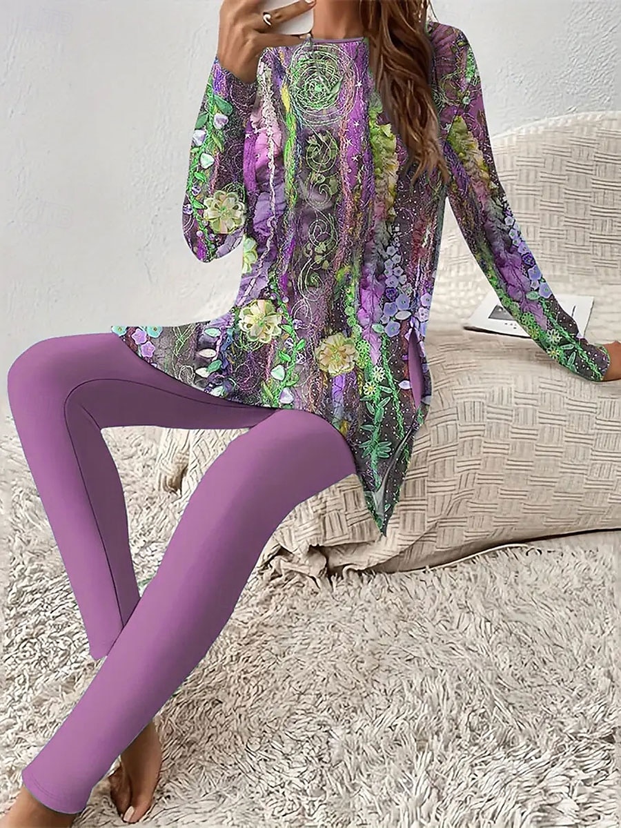 Ensemble de pyjama pour femmes Vêtements de détente Col rond Manches longues Mode décontractée Ensembles de pantalons Imprimé floral graphique Quotidien Quotidien Violet Fuchsia Vert Étriqué de 2025 ? $31.99 –P4
