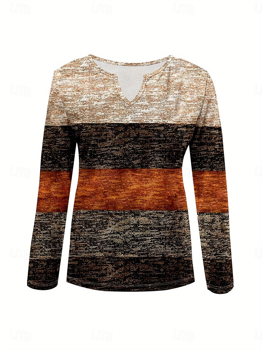 Femmes T-shirt Graphique Géométrique Rayé ancien Élégant Classique manche longue Col en V Encolure en V Hauts Réguliers Quotidien Week-end Imprimé Marron Printemps Automne Hiver de 2025 ? $23.99 –P2