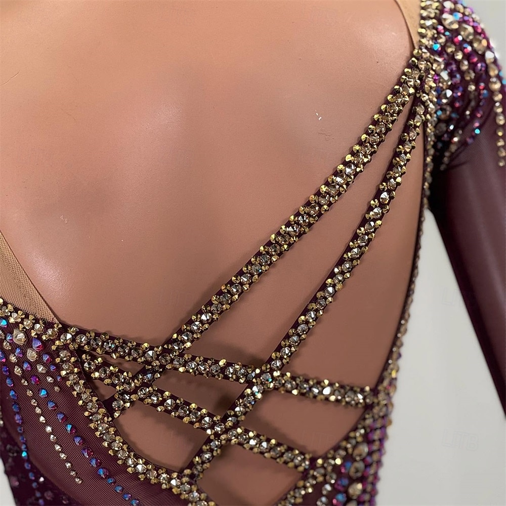 Kunstschaatsjurk Dames Voor meisjes Schaatsen Jurken Bordeaux Lapwerk Open achterkant Netstof Spandex Hoge Elasticiteit Opleiding Wedstrijd Kunstschaatskleding Klassiek Kristal / Bergkristal Lange 2026 - $298.59 –P11