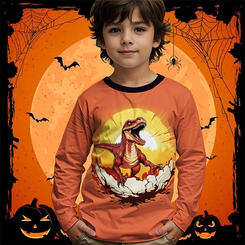 Halloween Pojkar 3D Tecknat Dinosaurie T-shirt Långärmad Vår Höst Mode Grundläggande Barn 4-12 år Rund hals Utomhus Ledigt Dagligen Normal 2025 - $13.99 –P1