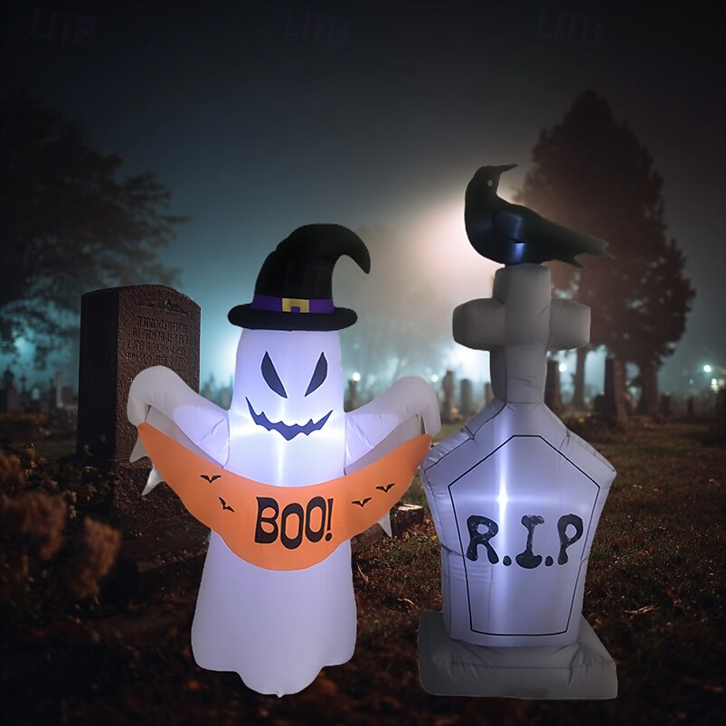 1 pezzo da 1,5 m/5 piedi di Halloween con cappello da mago fantasma e lapide corvo a led con luce gonfiabile modello aria interno ed esterno cortile horror ornamento luminoso spina USA/UE/UK/AU del 2025 a $52.99 –P2