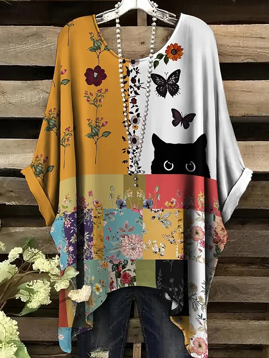 Dame Bluse Grafisk Dyr Katt Årgang Daglig Fritid Halvlange ermer Flaggermusermer Crew-hals Lange topper Daglig Ferie Strand Klær Assymetrisk Gul Rød Blå Kamel Grå Sommer Vår 2025 - $22.99 –P5
