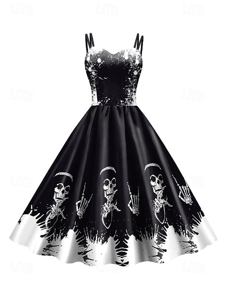 2025年 女性用スカルプリントミニドレス Aラインドレス カジュアル デイリー ホリデー レギュラーフィット スカル ノースリーブ スパゲッティストラップ ブラック ホワイト ワイン サビレッド 夏 春 秋  コレクション – $29.99 –P10