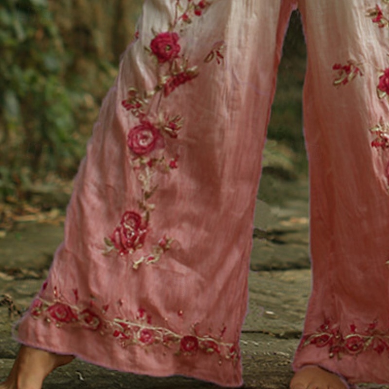 Femmes Jambe large Pantalons Pantalon palazzo ancien Boho Longueur complète Taille haute Fleur Taille Élastique Impression Respirabilité Confortable Rue Tenue quotidienne Sortir Rose dragée Printemps de 2025 ? $19.99 –P3
