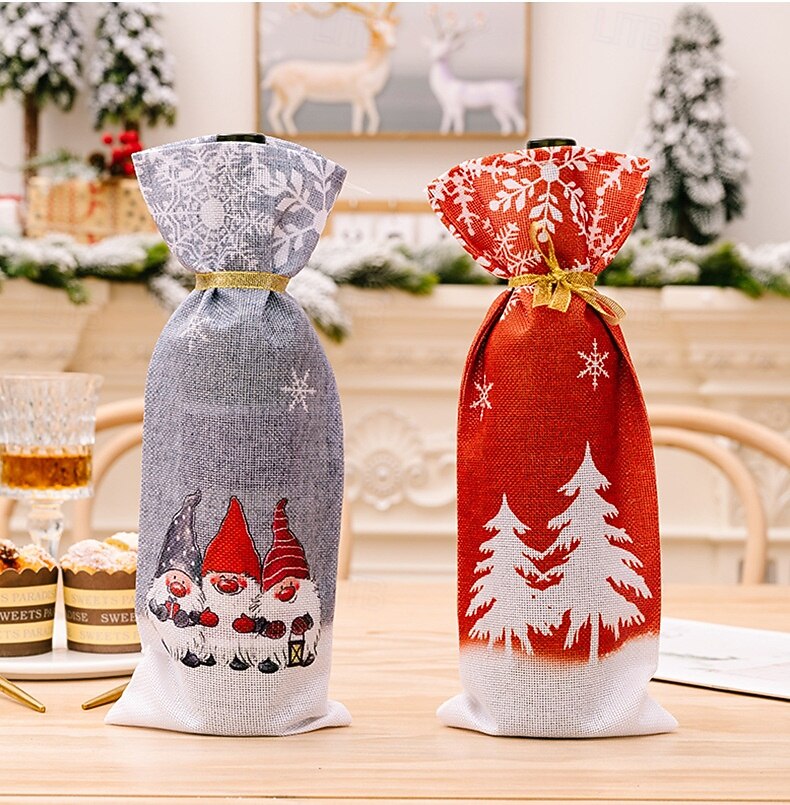 2 ks vánočních krytů na lahve vína s trpaslíky, sáčky na lahve vína s motivem sněhové vločky s motivem Rudolfa a lesního bezu, sváteční obaly na lahve vína 2025 - $6.49 –P8