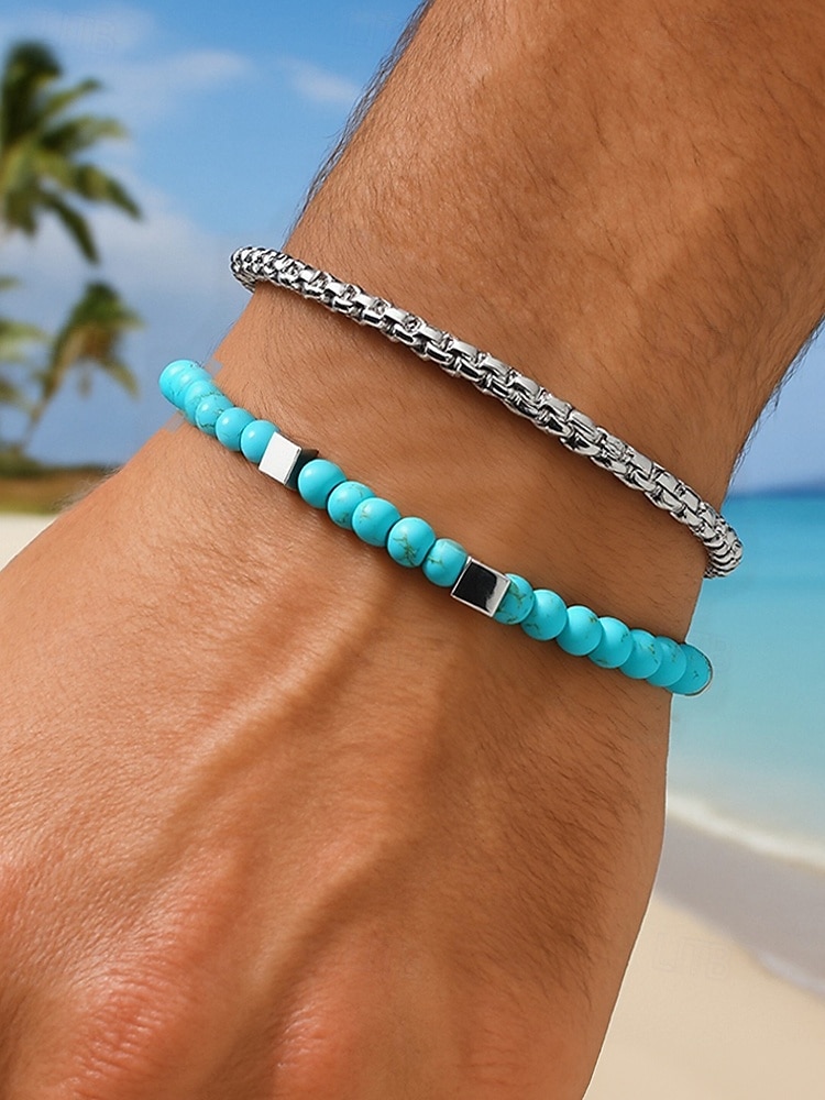 مجموعة أساور رجالية من الخرز الفيروزي والسلسلة الفضية - مجوهرات قابلة للتعديل على طراز شاطئ بوهو للملابس غير الرسمية والصيفية وملابس العطلات 2025 - $7.99 –P2