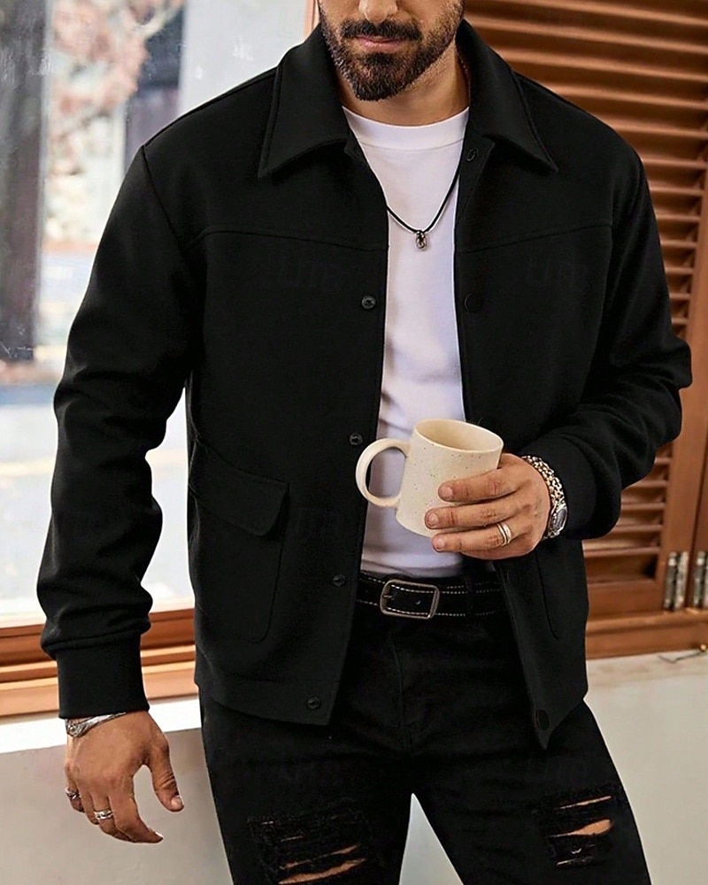 Herren Leichte Jacke Freizeitjacke Urlaub Täglich Atmungsaktiv Tasche Herbst Winter Einfach Mode Klassisch Revers Regulär Aprikose Schwarz Jacken 2025 - $32.99 –P11