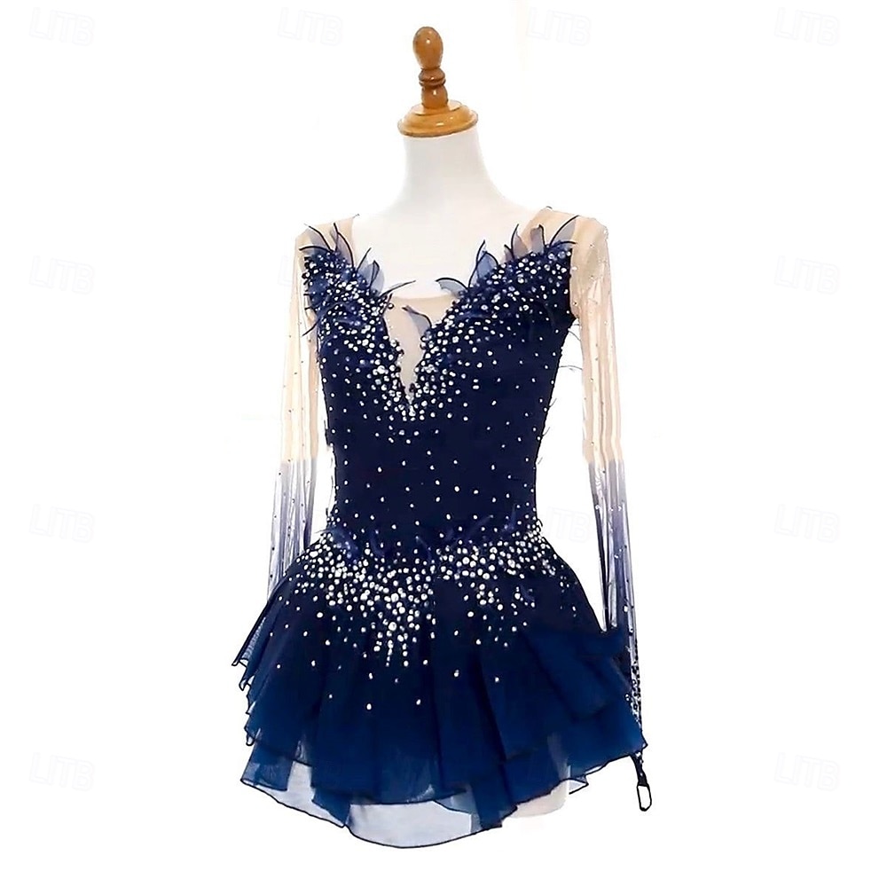 Figure Skating Dress Women's Girls' Ice Skating Dress Navy Blue Open Back Asymmetric Hem Mesh High Elasticity Training Competition Skating Wear Classic Crystal / Rhinestone Long Sleeve Ice Skating Figure 2026 - $239.39 –P3