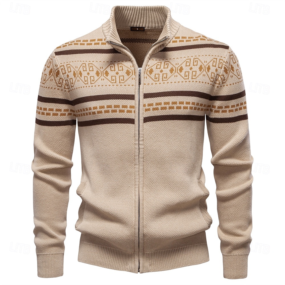 Męskie Sweter Rozpinany Sweter Fair Isle Robić na drutach Zwykłe topy Zapiąć na zamek błyskawiczny Geometryczny Golf Święta Sweter rozpinany Urlop Codzienny Odzież Wiosna Jesień Granatowy Khaki S M L 2025 - $50.99 –P18